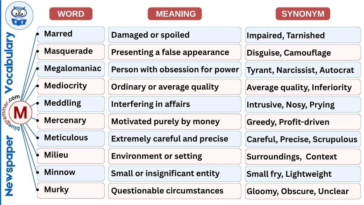 Newspaper Vocabulary Words with Alphabet M