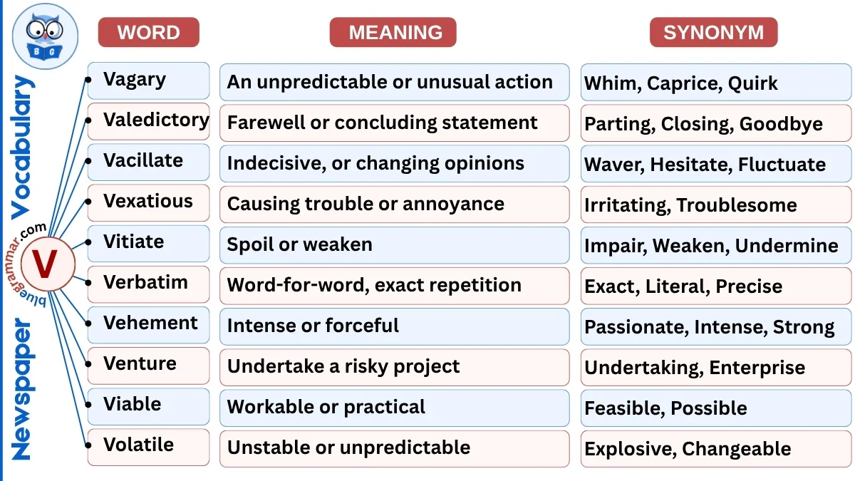Newspaper Vocabulary Words starting with Alphabet V
