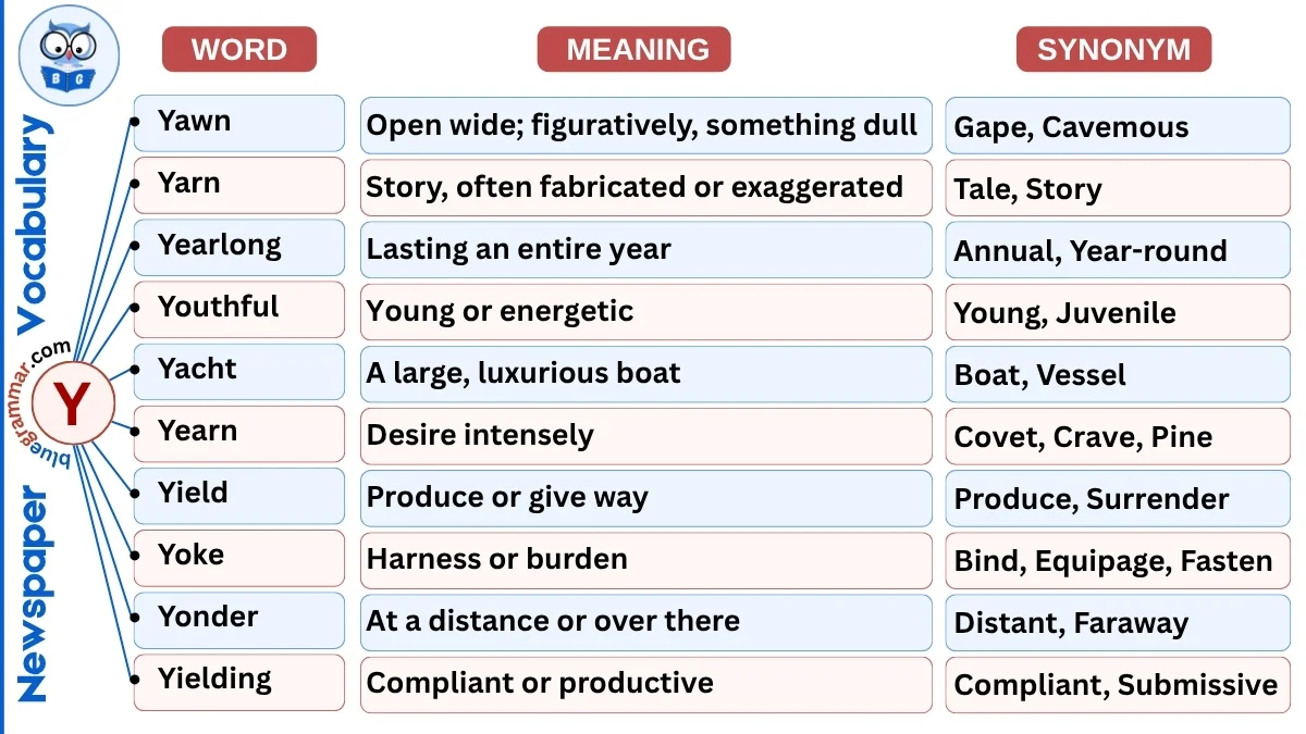 Newspaper Vocabulary Words starting with Alphabet Y