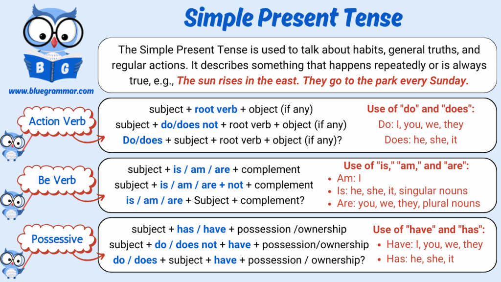 Infographic showing the three uses of the Simple Present Tense: action verbs, be verbs, and possessive forms with examples.