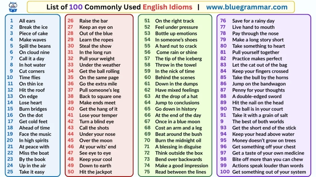 List of 100 Commonly Used English Idioms on an Infographic