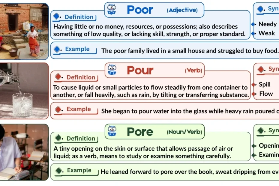 Poor vs. Pour vs. Pore | Word Comparison with Examples