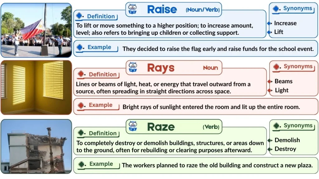 Raise vs. Rays vs. Raze | Word Comparison with Examples