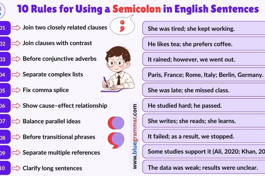 10 Rules for Using a Semicolon in English Sentences with Examples