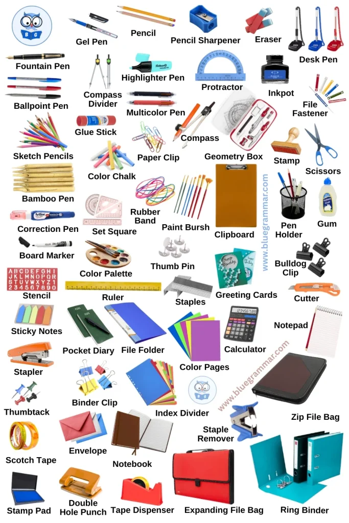 50 Common Stationery Items Names in English for Students (Infographic)