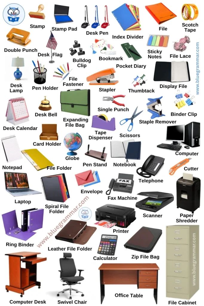 50 Office Supplies Names in English on One Image
