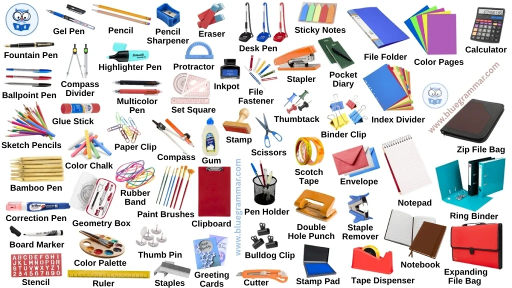 Stationery Items (Writing & Paper Use) Names in English